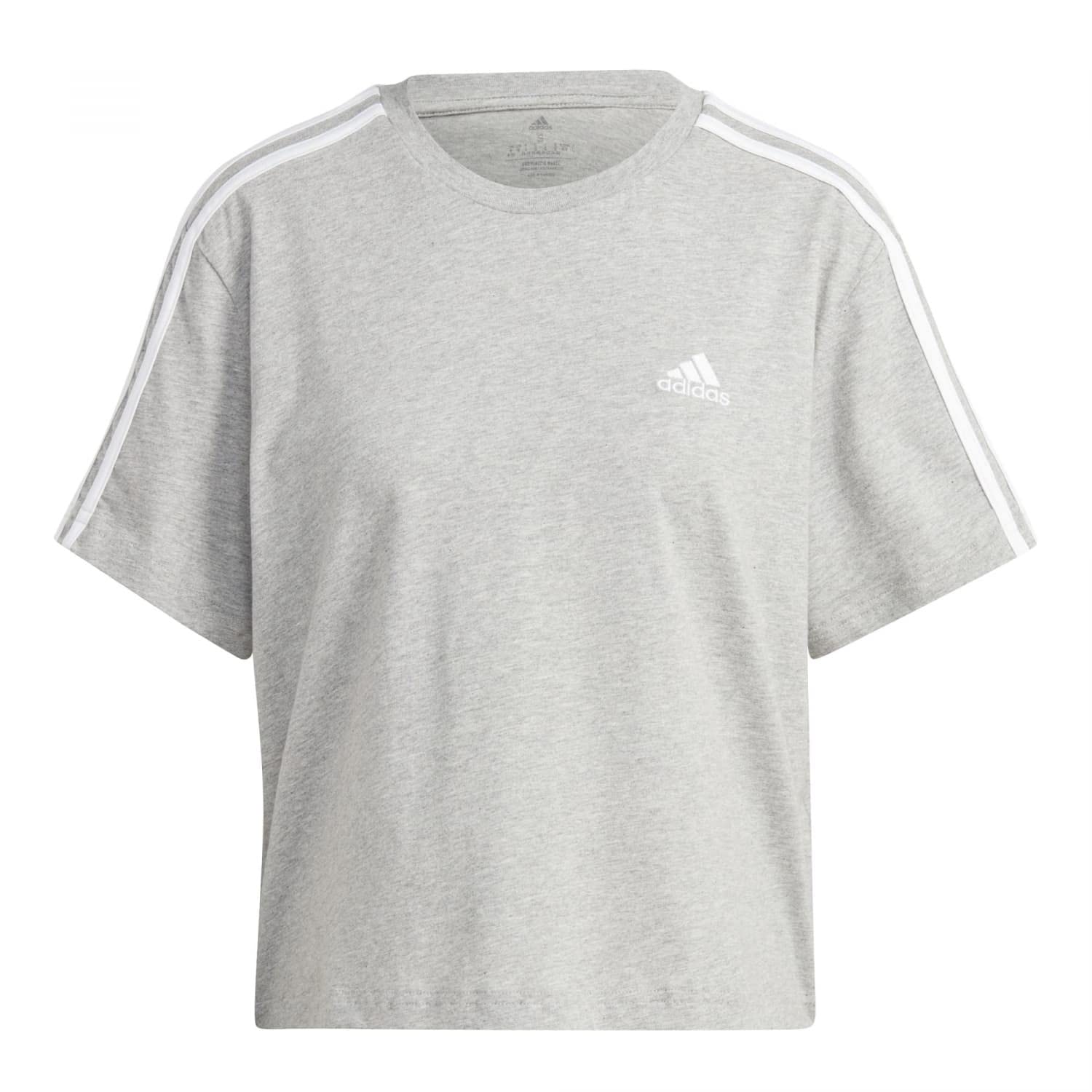 adidas Donna Essentials 3-Stripes Single Jersey Crop Top, Medium Grey Heather/White, L