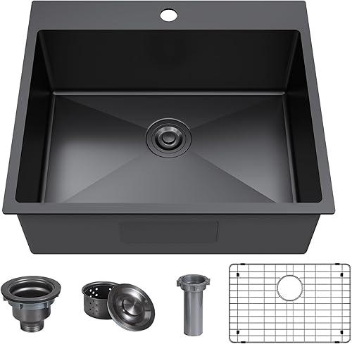 Fregadero de barra de cocina negro de 25 x 22 pulgadas, fregadero de cocina pequeño, fregadero de cocina de un solo tazón, fregadero de barra de
