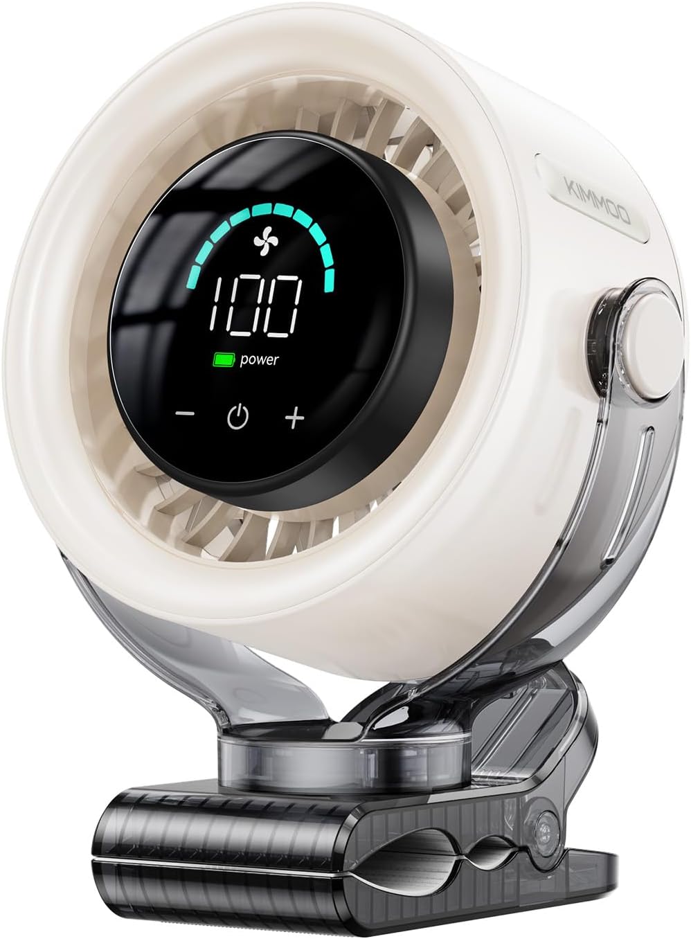 KIMMOO 4000mAh Rechargeable Portable Clip on Fan-100-Speed Touch Control, LED Display, 360° Rotate Quiet Turbo Desk Fan, Small Battery Operated USB Fan for Stroller Bed Travel Camping Golf Gym (White)