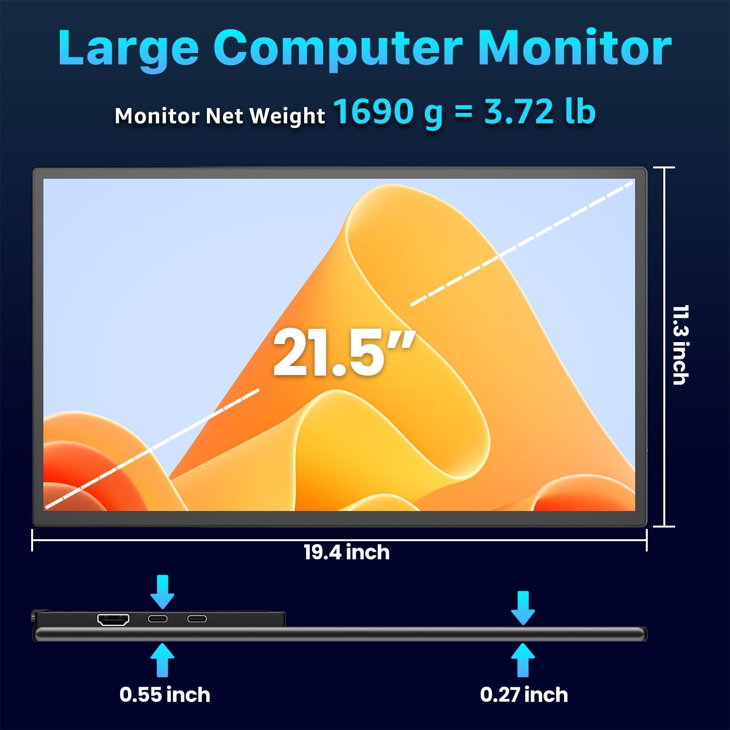 Upperizon Portable Monitor showing its dimensions and weight