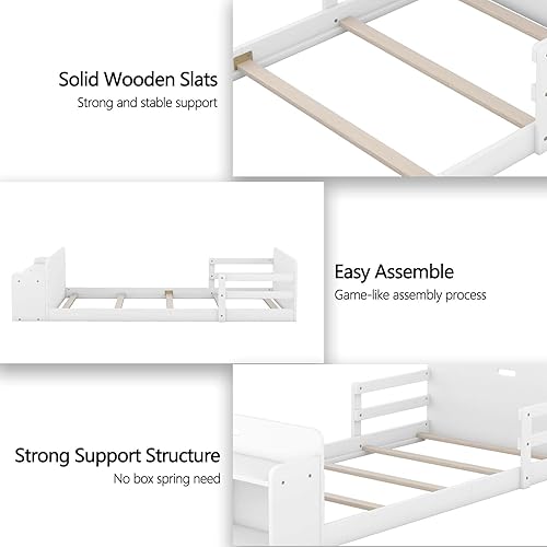 Miniatura 5 de Base de cama de plataforma de tamaño individual con estribo de almacenamiento y barandilla para niños, soporte de listones resistente, no necesita