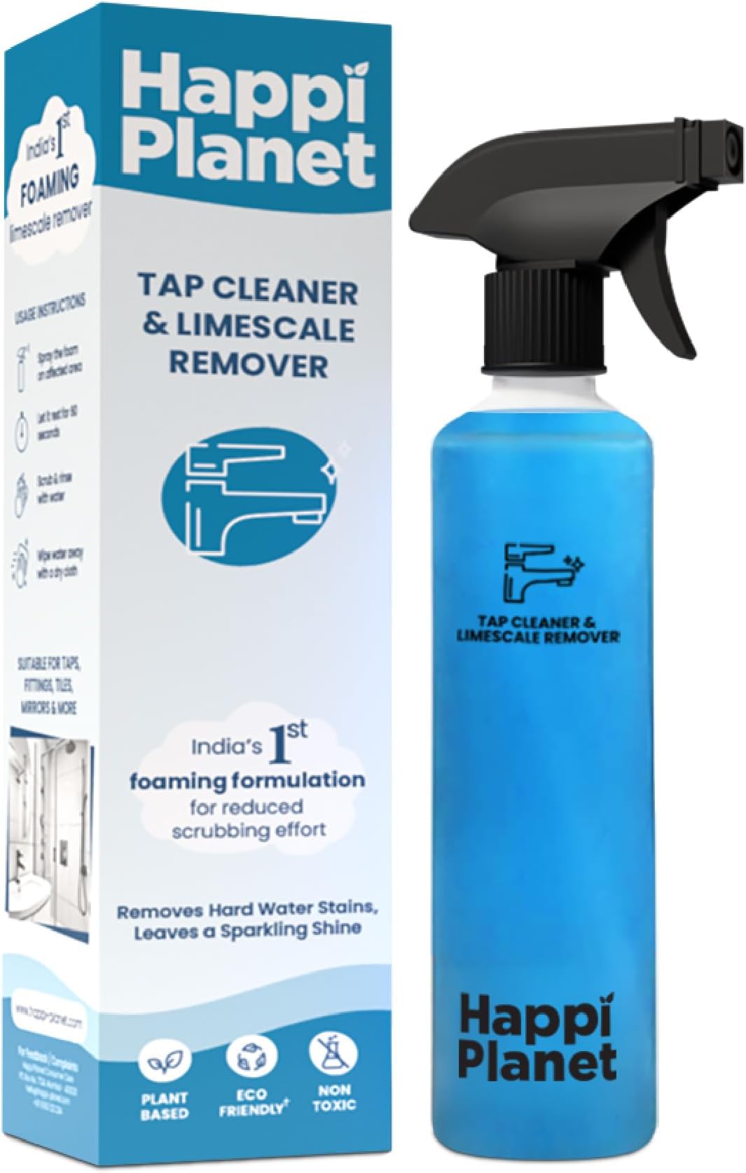 Happi Planet | Tap Cleaner & Limescale Remover | India’s 1st Foaming Formulation for Reduced Scrubbing Effort | 500ml | Suitable for Bathroom, Tap, Shower, Tiles, Mirrors | Non Toxic & Eco-Friendly