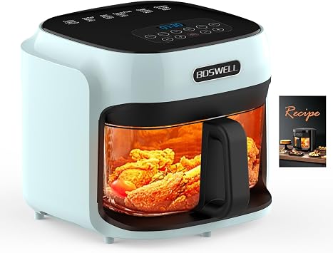 BOSWELL Glass Air Fryer, 7.5 QT with Transparent Fry Bowl, Circulating Heating, Temperature Control, Stainless Steel Air Fryer Roast, Dishwasher Safe Green