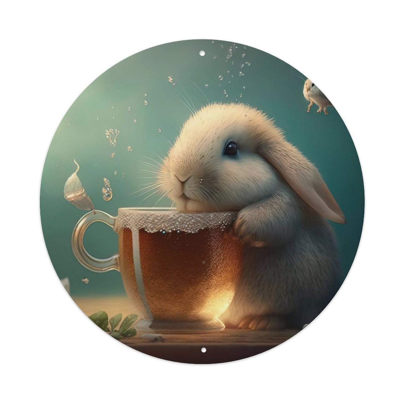 Animal Artwork Little Bunny Next to Cup Vintage Metal Tin Sign Plaque Wall Decor for Cafe, Club Bar, Office, Garden Metal Poster 8x8Inch