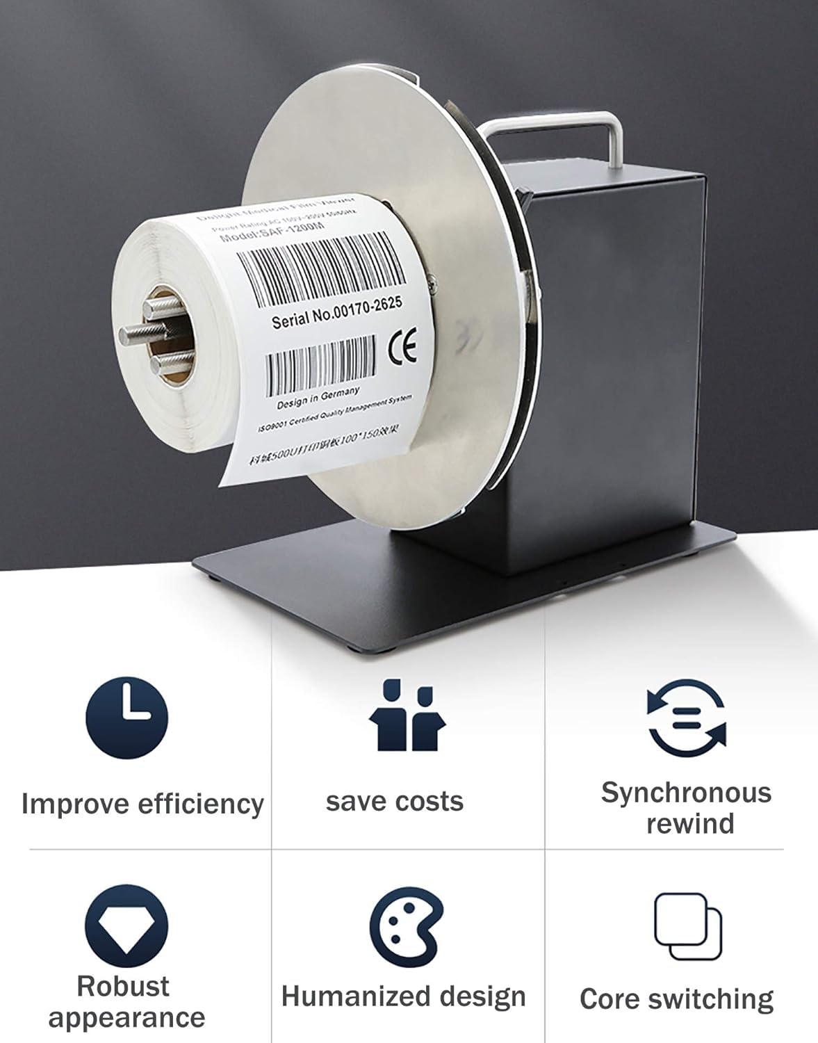 Elektryczna maszyna do przewijania etykiet, przewijarka szybkobieżna, przewijanie do tyłu przy 0-8 cali/sekundę, średnica pojemność: 185 mm, kompatybilna z etykietami 25-76 mm