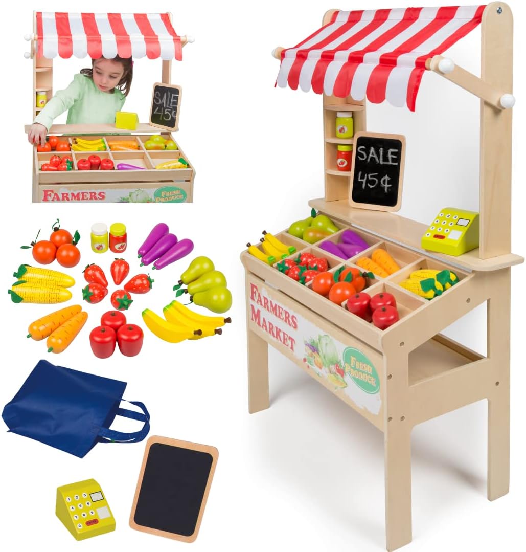 Wooden Farmers Market Stand Toy- 30+ Food PCs Include Fruit Veggies Chalkboard & Cash Register- Pretend Role Play, Fun Indoor Natural Wood Grocery Set- Playroom Daycare Activity Center- Kids Ages 3+