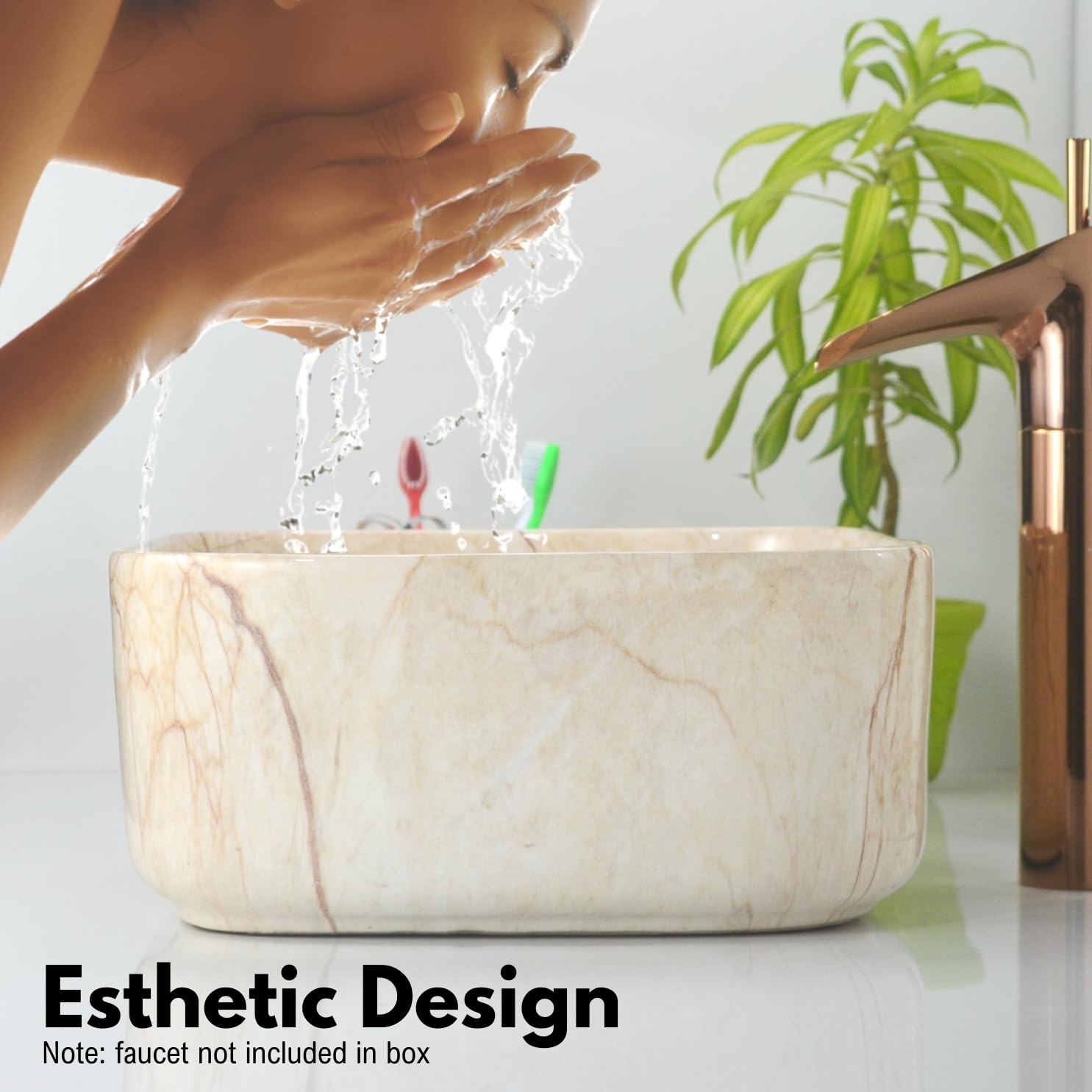 Reyal Marble Wash Basin - Ivory Gold Vessel Sink -2