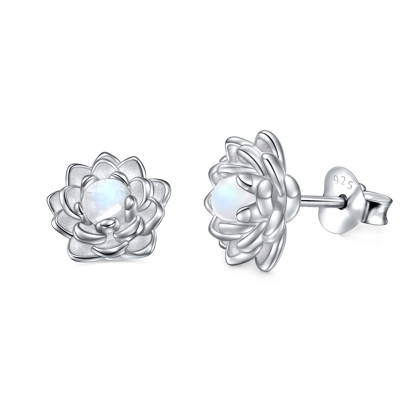 Flyow Moonstone Lotus - Juego de joyas de plata de ley 925 con piedra lunar, collar y aretes de tuerca de flor de loto curativa natural, Buda espiritual, yoga, regalo para mujer, 9 millimeters, Plata