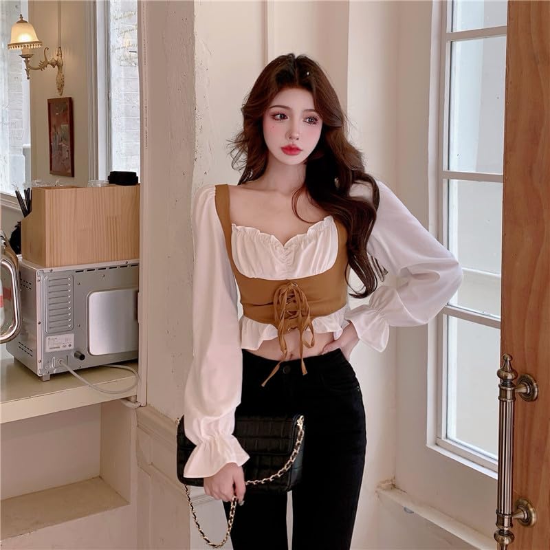 Image of ICW Women French Style Retro Vintage Lace-Up Layered Fake Two-Piece Puff Sleeve Ruffled Crop Blouse Corset Top Dn88