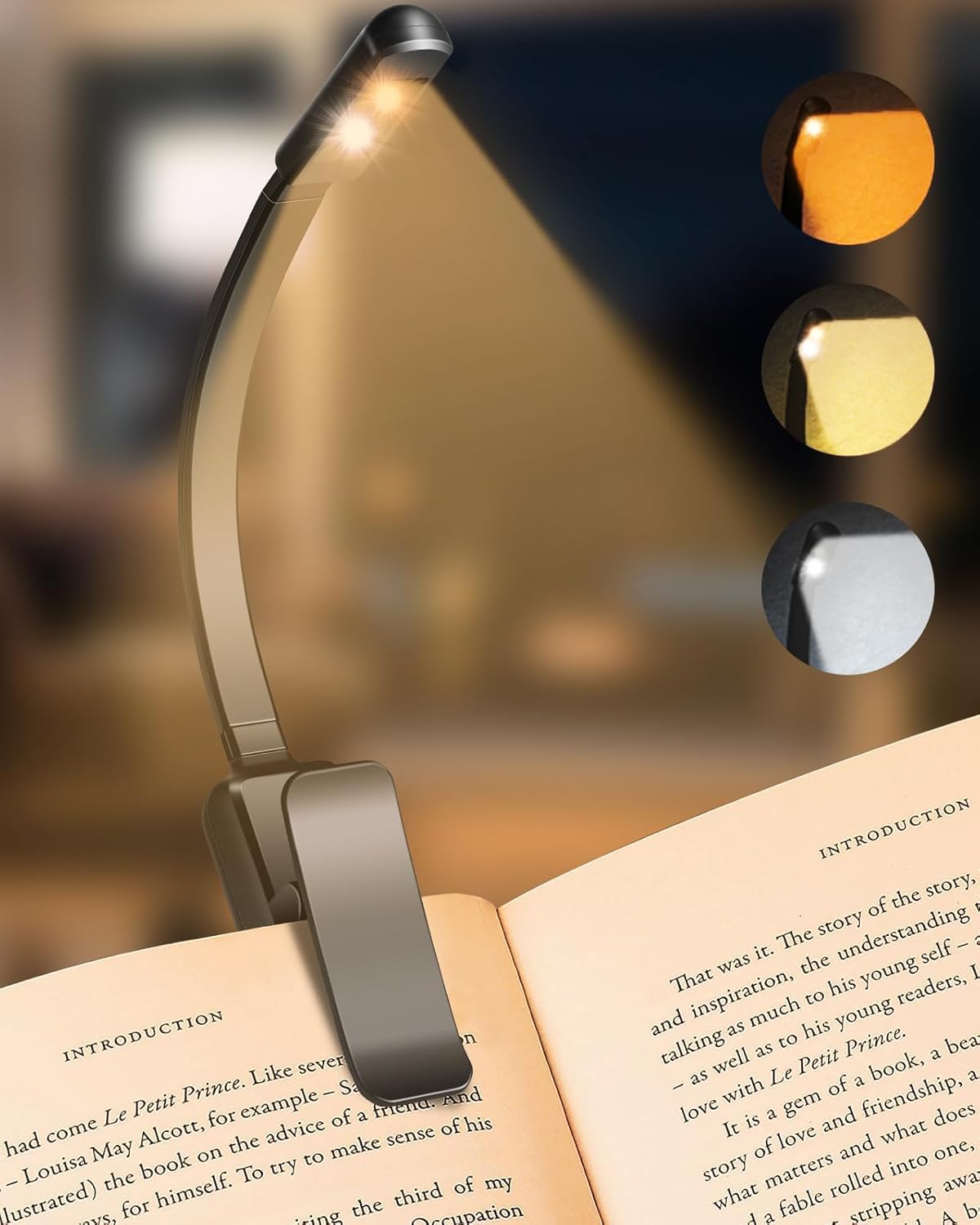 Rechargeable Book Light for Reading in Bed - Eye Caring 3 Color Temperatures, Stepless Dimming Brightness, Long Runtime Small Lightweight Clip On Book Reading Light for Studying (Black) - Black