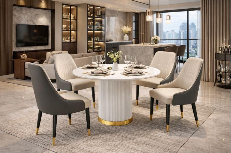 Image of 4 Seater Dining Table Set with 4 Chairs, Round Marble Dining Table (91x91x76 cm) - White Marble Top, Solid Wooden Base, Upholstered Chairs with Sheesham Wood Legs - Grey & Cream