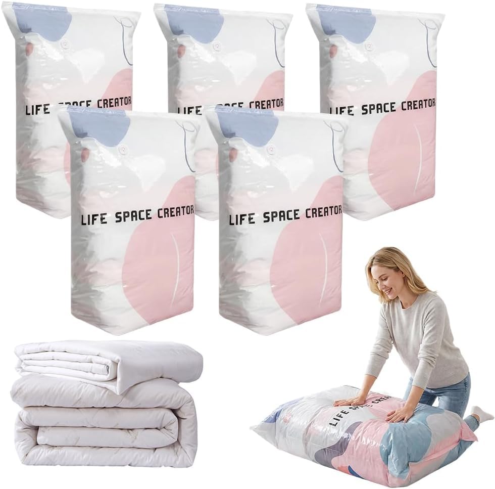 Large 3D Vacuum Storage Bags, 2026 New no pump needed Roll-Up Compression Thickened Reusable Space Saver Vacuum Storage Bag for Clothes, Duvet,Bedding,Blankets (5pcs, 60 * 40 * 32cm)