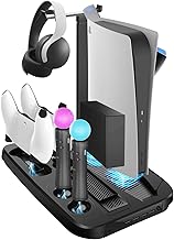 PS5 Stand Station for PS5 Console/Digital Edition/UHD, Charger Station Dock with Cooling Fan for PS5 VR Move Controller Headset, Cooling Station 4 USB Hub Game Headphone Storage