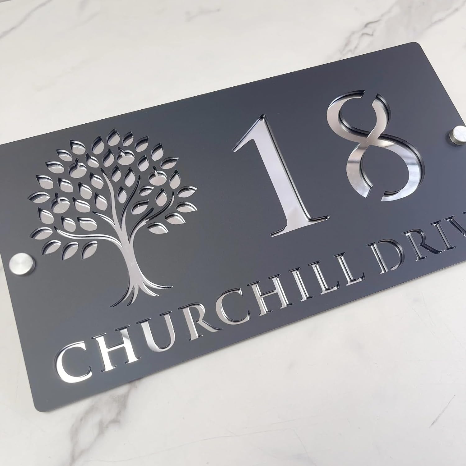 Personalized Acrylic House Number Sign Modern Outdoor Address Plaque,Custom Laser Cut Address Plaque (Black Silver,40x25cm)
