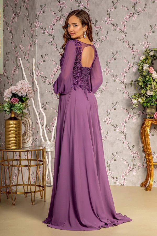 Image of Plum Mother of Bride Dresses for Women Plus Size Chiffon Elegant Long Sleeve Mother of Groom Dress for Wedding 20W