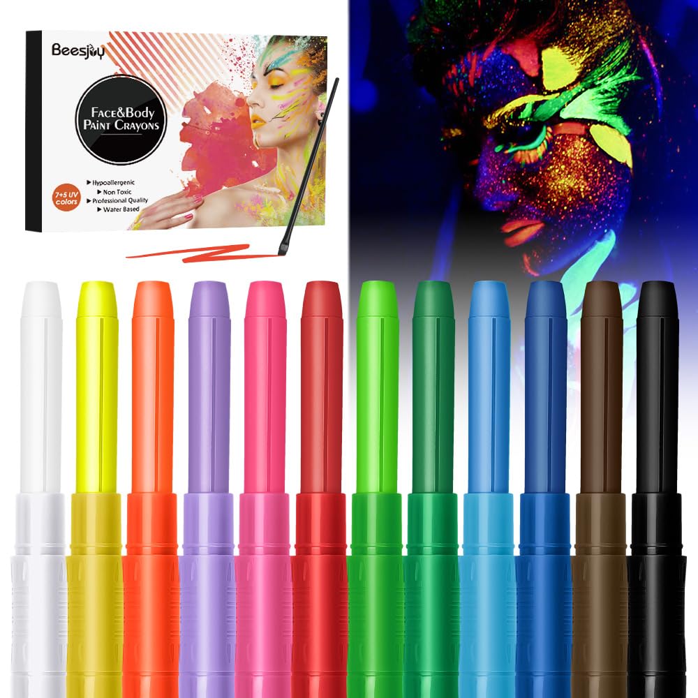 Matite Luminose per Pittura Viso Corpo, Pittura Viso, 12 Colori (5 Glow + 7 Classici), Body Painting per Bambini, Cosplay, Carnevale, Festa di Compleanno, Pasqua, Trucco Cosplay, Sicuro e Sano