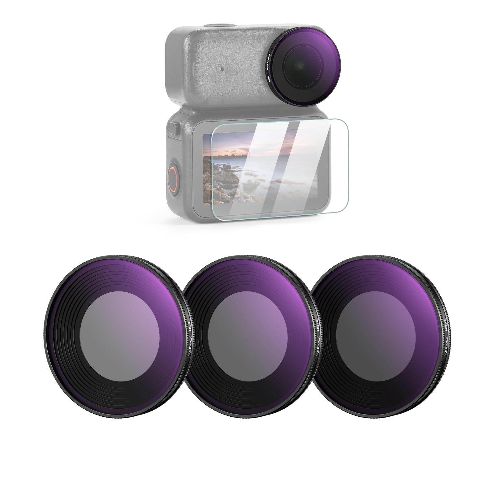 NEEWER ND Filter Set Compatible with DJI Osmo Nano (ND8/16/32), Screw On Action Camera Lens Neutral Density Filter Multicoated Optical Glass Photography Accessories with Screen Protector, 3 Packs