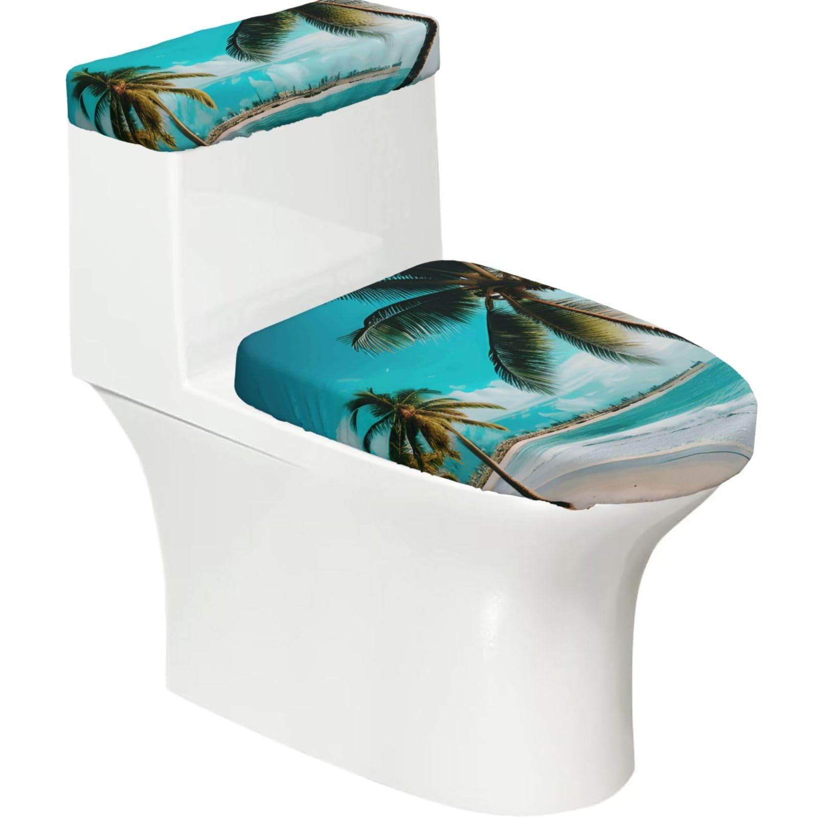 Beach Palm Trees Print Stretch Toilet Covers Set, Polyester Covers Replacement For Fits Most Size Lids Bathroom Decor