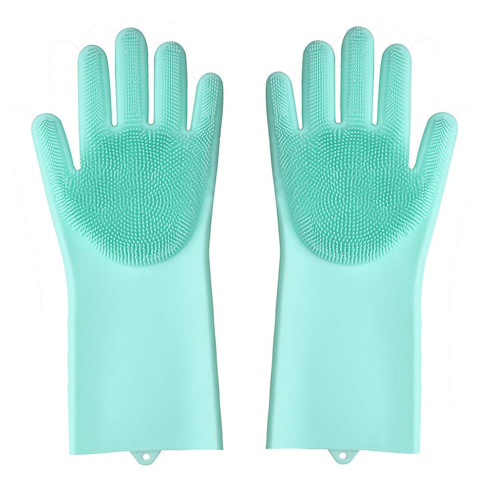 Washing Silicon Hand Gloves with Scrubber for Kitchen Cleaning, Utensils, Bath and pet Hair Care - Reusable Heat Resistance and Water Proof Gloves -1 Pair