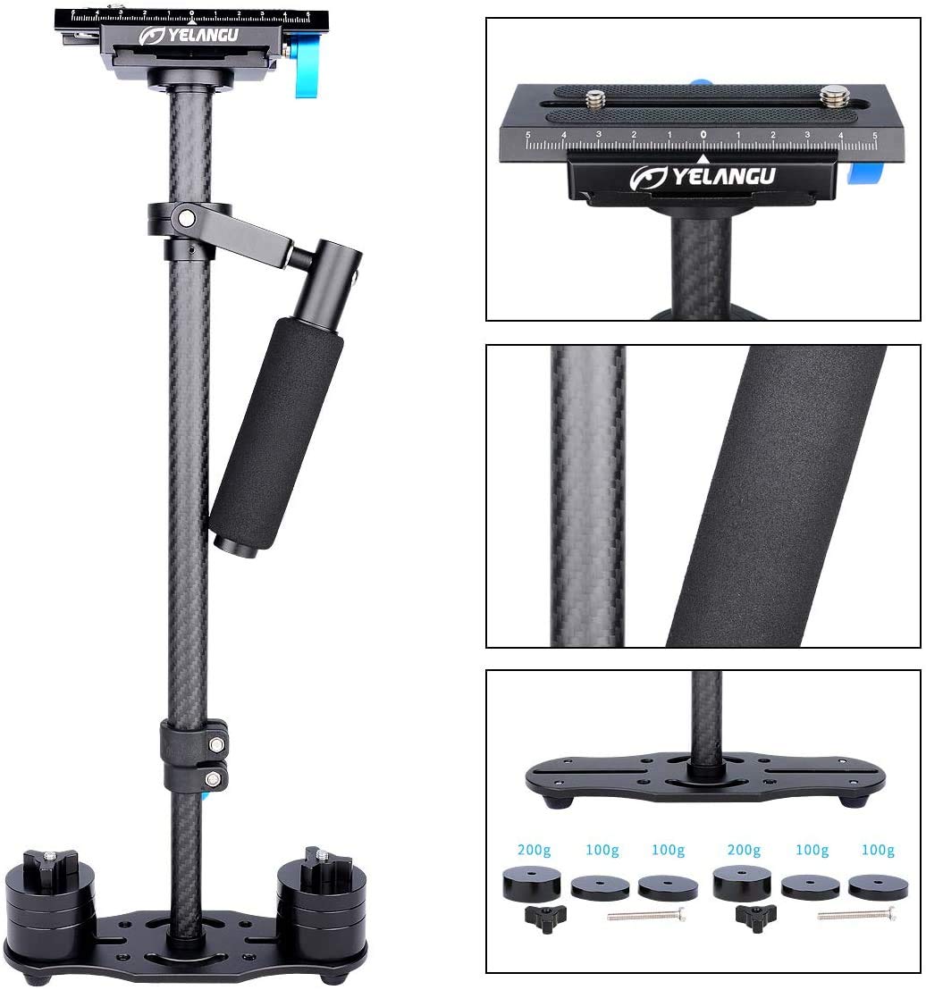 YELANGU S60T - Stabilizzatore per fotocamera a mano in fibra di carbonio Steadicam con piastra a sgancio rapido a vite da 1/4 e 3/8", per Nikon Sony Canon 5D2 MK2 DSLR, fino a 3 kg