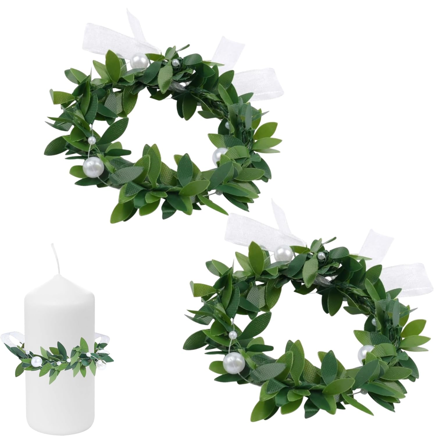 2 pcs Drip Protection Candle Wreaths,Greenery Candle Rings,Decorative Communion Candle Garland for Weddings,Home & Table Décor