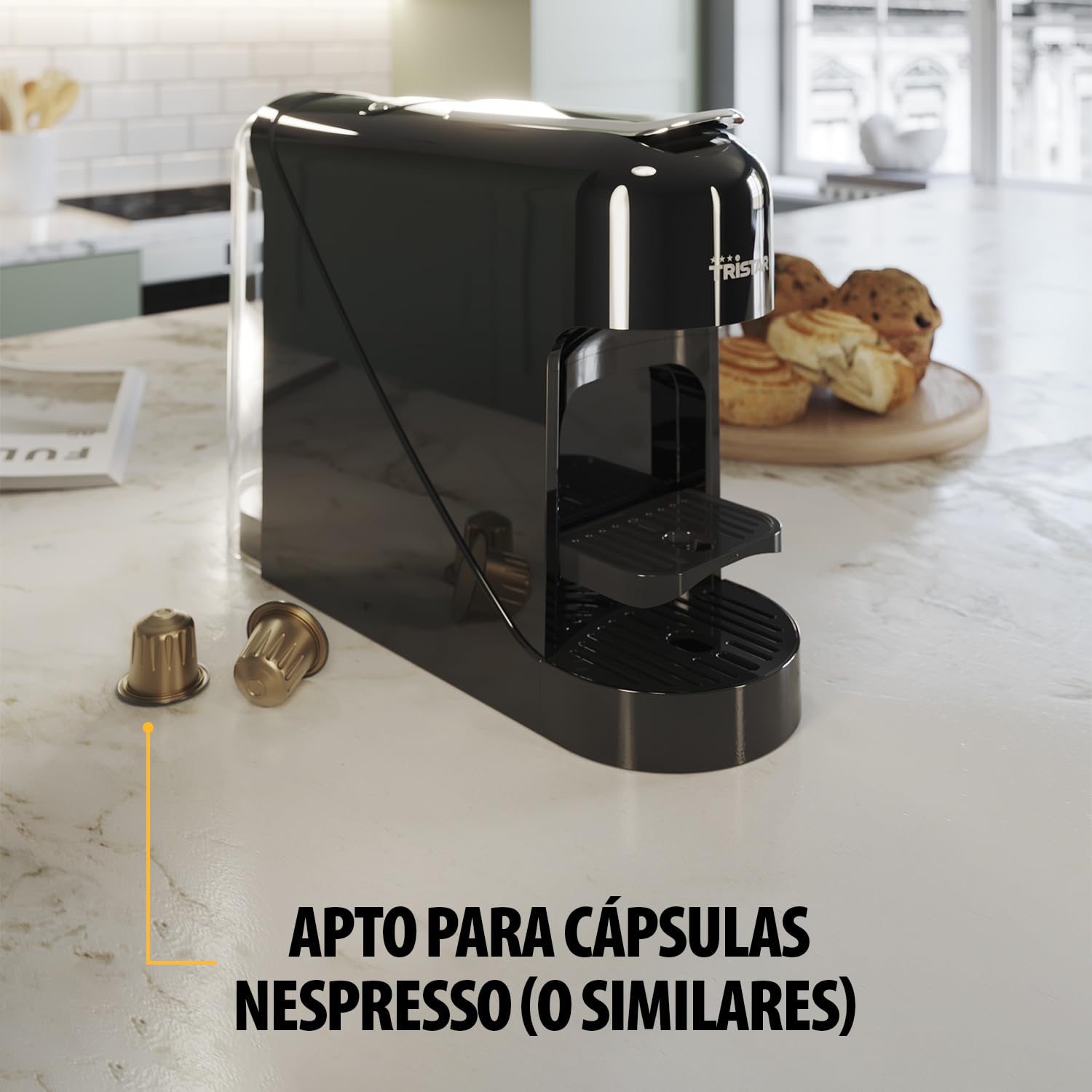Tristar Title Cafetera de Cápsulas, Depósito de 0,8 l, 1400 W, Compatible con Cápsulas Nespresso, Bandeja Recogegotas Extraíble, Apagado Automático, CM-2302