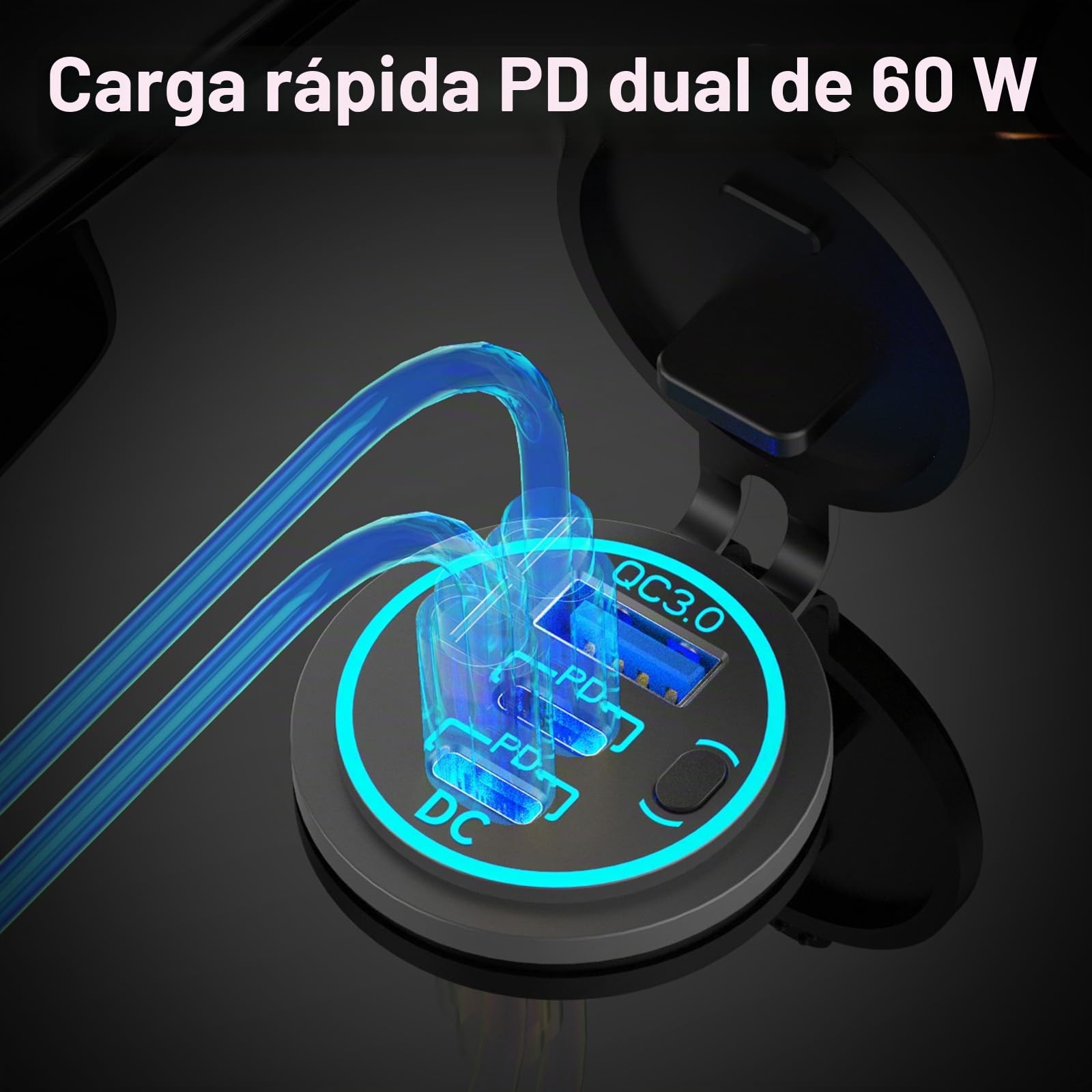 12V 24V 5 pandilla Interruptor Rocker ON OFF Panel de aluminio pre-cableado Impermeable con cargador coche triple puertos USB 78W, Voltmetro digital led y enchufador de cigarillos para coche barco