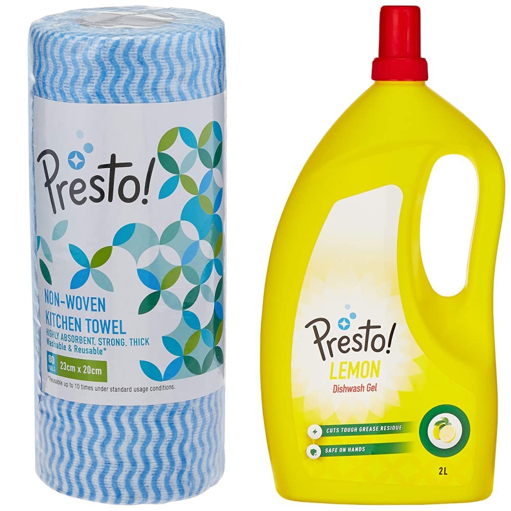 Amazon Brand - Presto! Non-woven Kitchen Towel Roll - 80 Pulls (Blue) & Amazon Brand - Presto! Dish Wash Gel - 2 L (Lemon) (B09MKKVYTD) Amazon Price History, Amazon Price Tracker