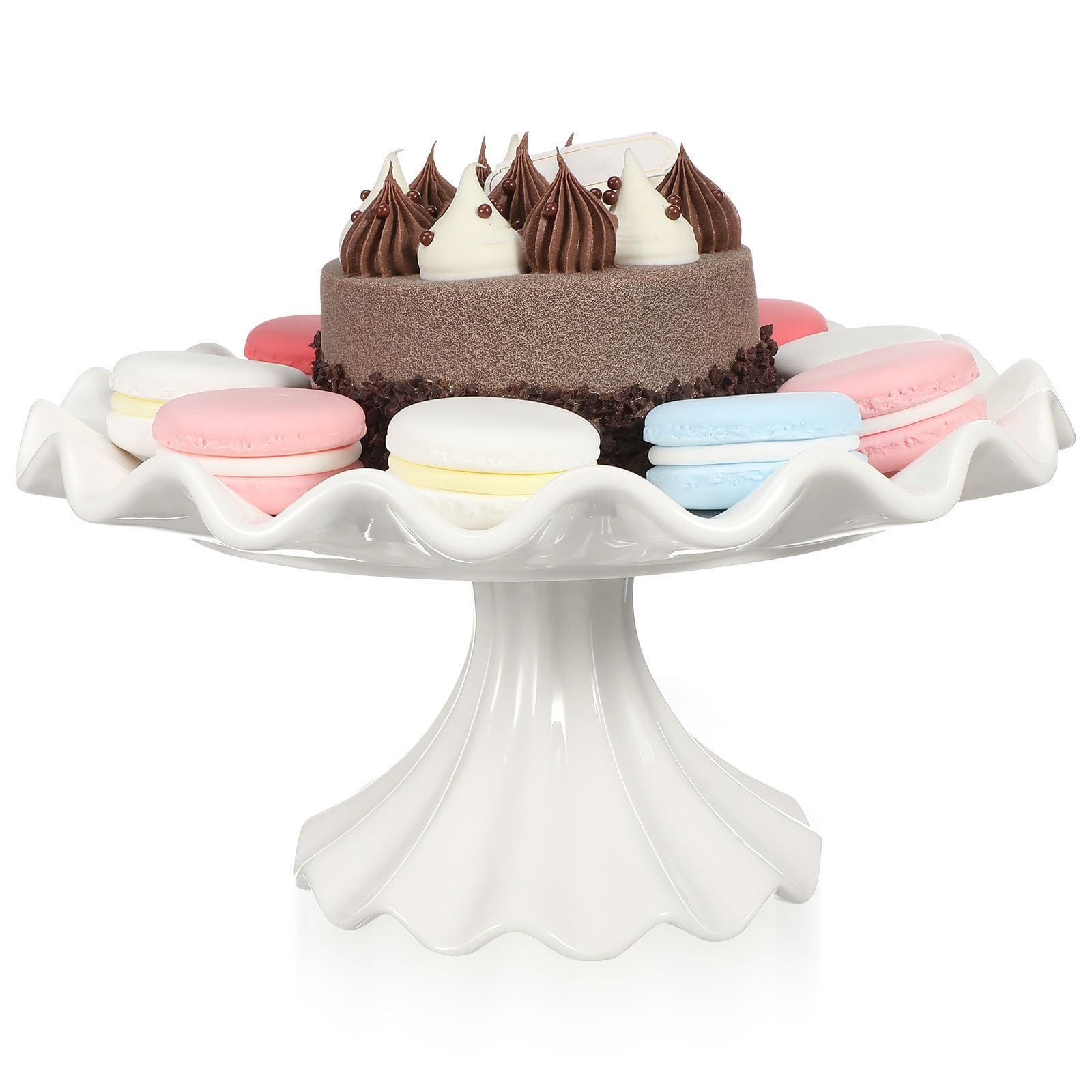 Alzata per Torte in Ceramica Bianca Base Stabile e Bordo Ondulato, Supporto Decorativo Multifunzionale per Dolci per Matrimoni e Buffet