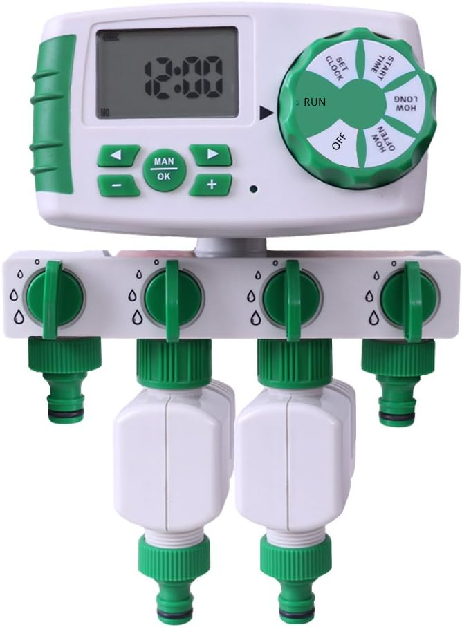 Aqualin Programador de riego 4 Zonas Controlador de Temporizador de Agua en jardín con 2 válvulas solenoides