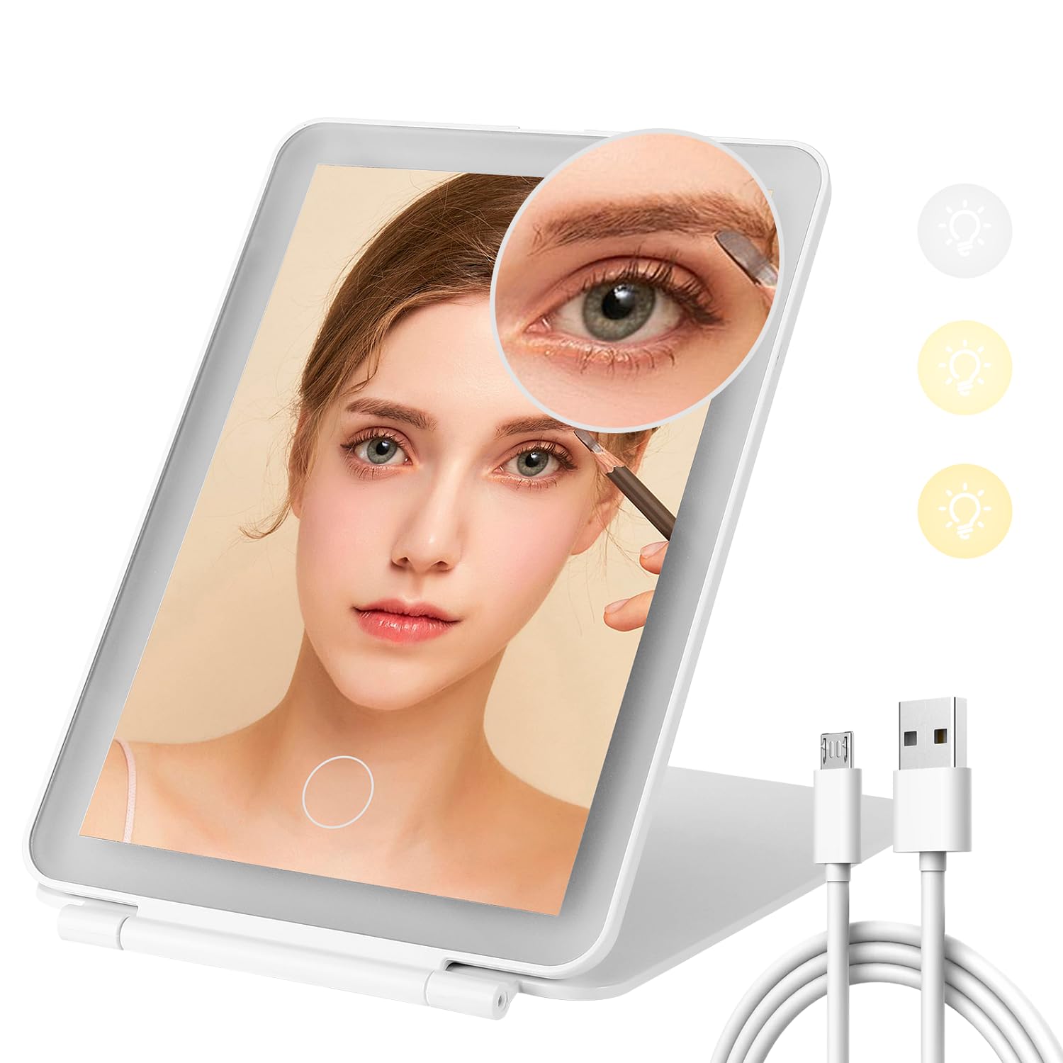 Farerkass Espejo Maquillaje con Luz Portátil Plegable, 3 Colores de Luz, Interruptor Táctil, Brillo Ajustable, Espejo Tocador con Luz Incluye Espejo Aumento 10x para Doméstico, Viajes (Blanco)