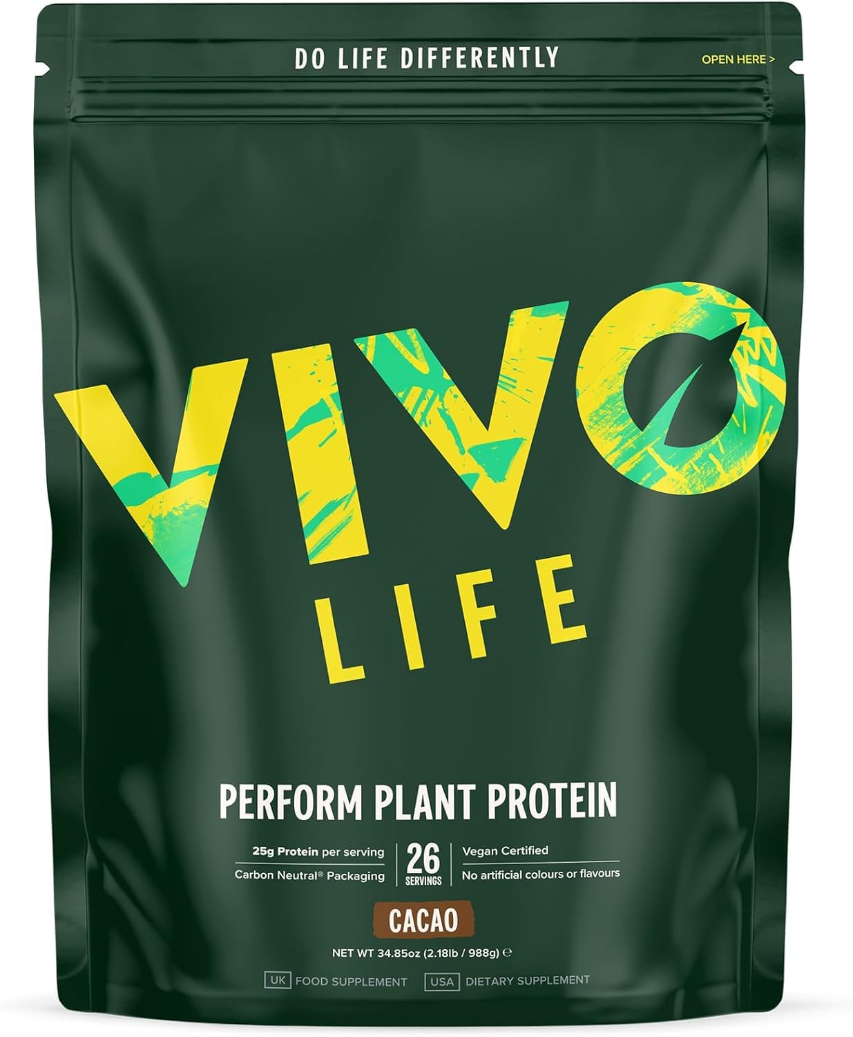 Vivo life Perform Plant Protein Powder - Pea & Hemp Protein Blend with BCAA (34.85 oz, Raw Cacao)