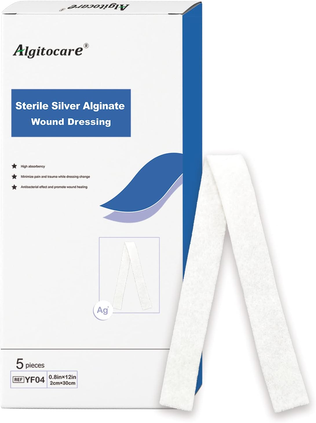 - Ag Silver Calcium Alginate Wound Dressing - 0.8"x12"(Pack of 5), Non-Stick Sterile Gauze Pads for Accelerating Wound Healing, High Absorbency and Soft for Wound Care Supplies