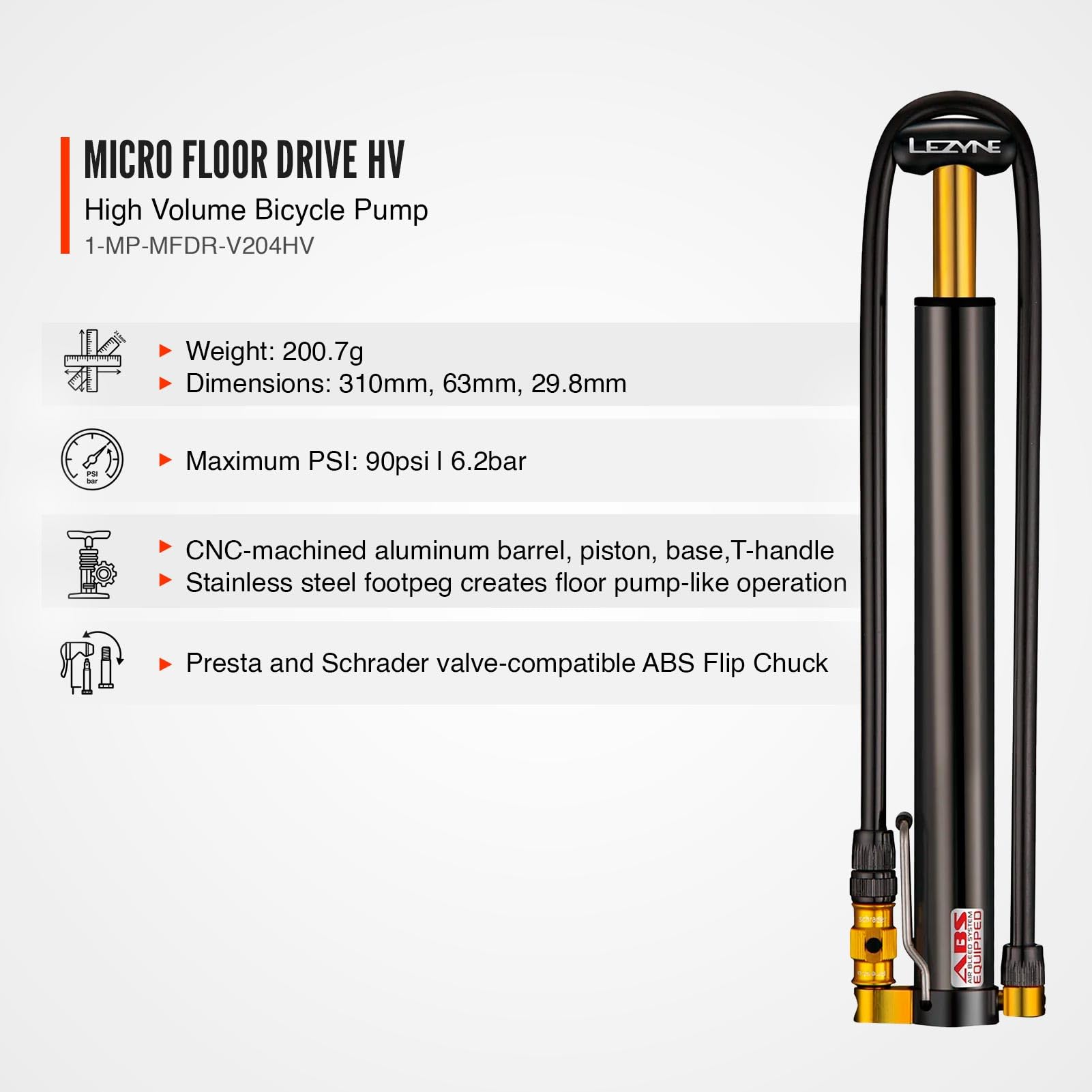 Lezyne Micro Floor Drive HV pompa podłogowa, czarny/Hi Gloss, 300 mm