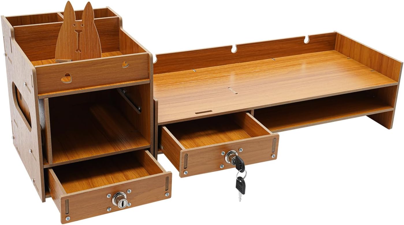 Wood Computer Monitor Stand for Desk Monitor Riser with Drawers & Lock Monitor Stand Organizer Desk Storage Shelf Office Desk Accessories for PC, Laptop, Printer (Wood, 5.31'' H)