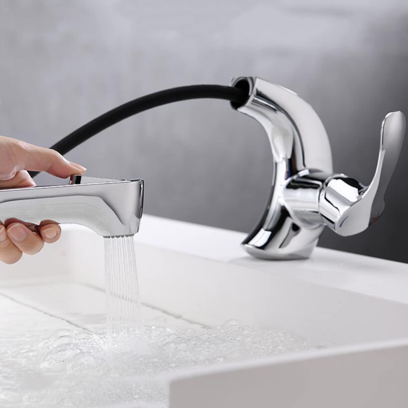 Grifo Mezclador para Lavabo con rociador extraíble, Grifo de baño multifunción de latón con un Solo Orificio para Agua fría y Caliente, Cromado