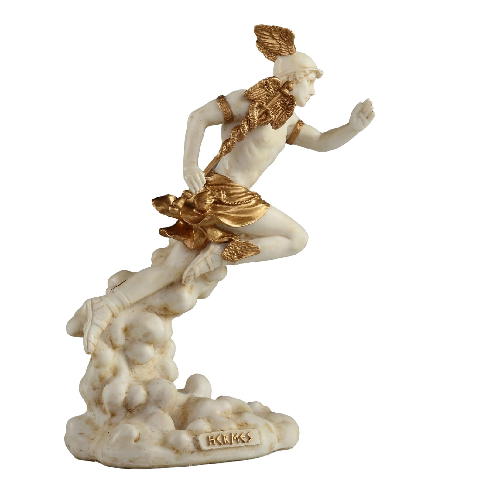 Statua di Dio greco Hermes Mercury in resina patina con dettagli dorati statuetta fatta a mano