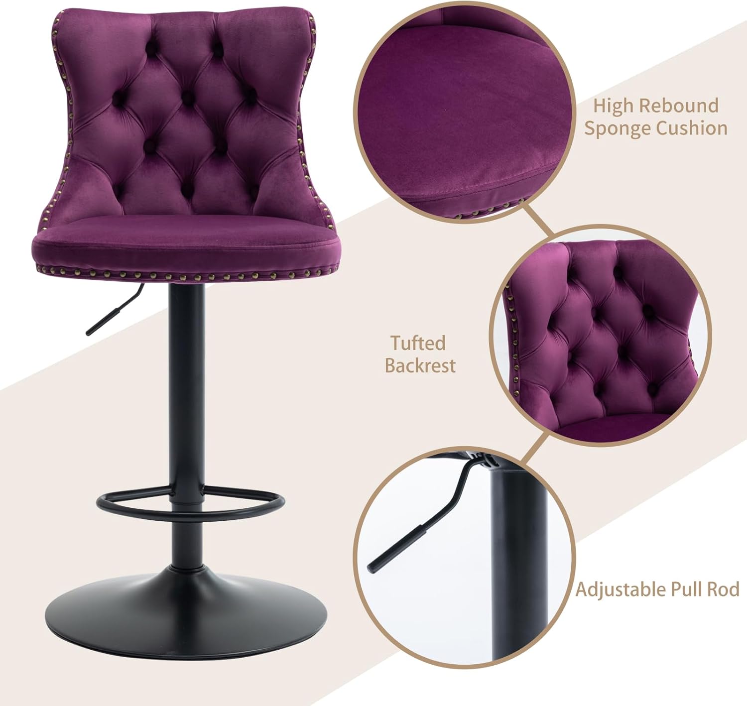 Purple Bar Stools Set of 2, Adjustable Upholstered Counter Height Barstools with Back and Black Footrest, Modern Velvet Swivel Barstools for Kitchen Counter, Purple