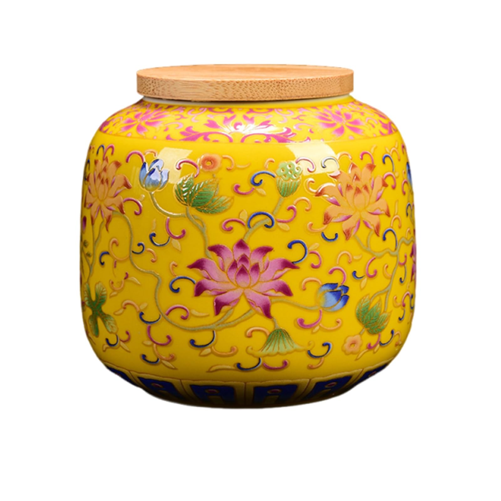 XYUERU Ceramic tea caddy with airtight wooden lid, Chinese design, for tea, coffee, spices and sweets, moisture-resistant, decorative storage jar(Yellow)