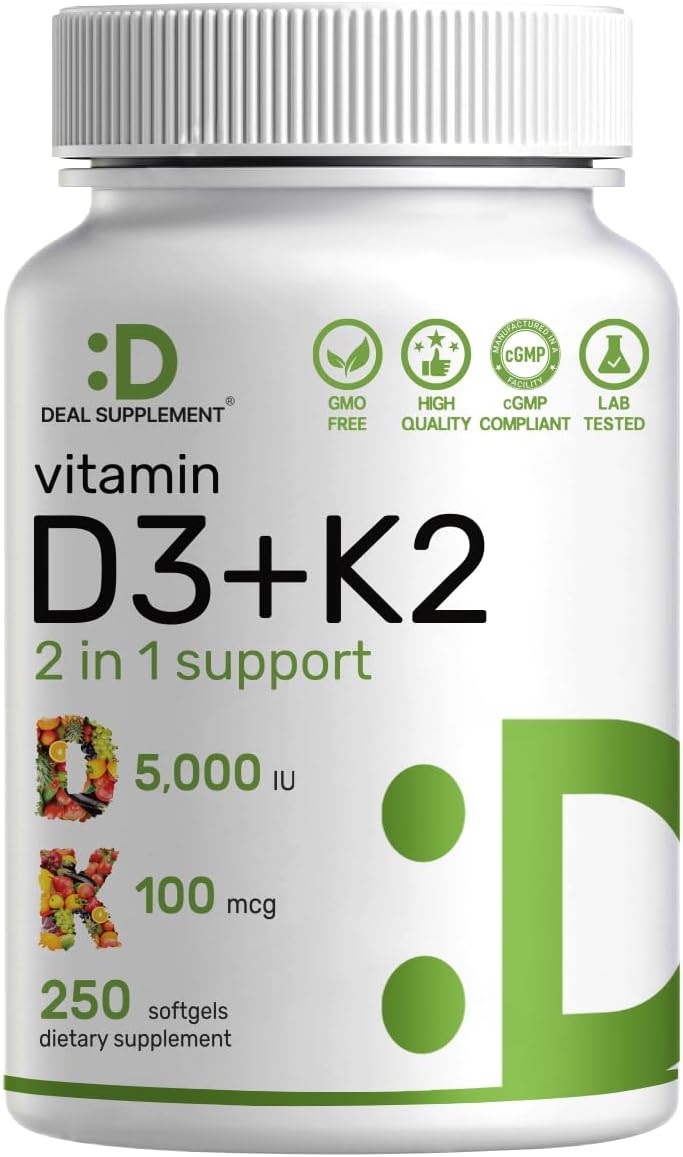DEAL SUPPLEMENT Vitamin D3 K2 Softgel, 250* Count, 2-1 Complex, Vitamin D3 5000 IU & Vitamin K2 MK7, Promotes Heart, Bone & Teeth Health – Very Easy to Swallow