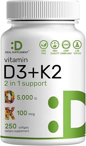 DEAL SUPPLEMENT Cápsulas blandas de vitamina D3 5,000 UI + K2 MK7, 250 unidades | Complejo 2 en 1 | Apoya la salud del corazón, los huesos, los