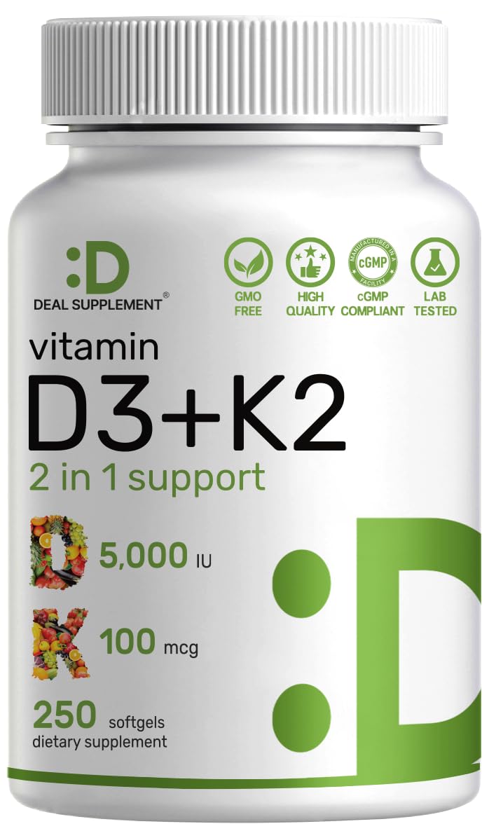 DEAL SUPPLEMENT Vitamin D3 5,000 IU + K2 MK7 Softgels, 250 Count | 2-in-1 Complex | Supports Heart, Bone, Teeth & Immune Health* | Easy to Swallow