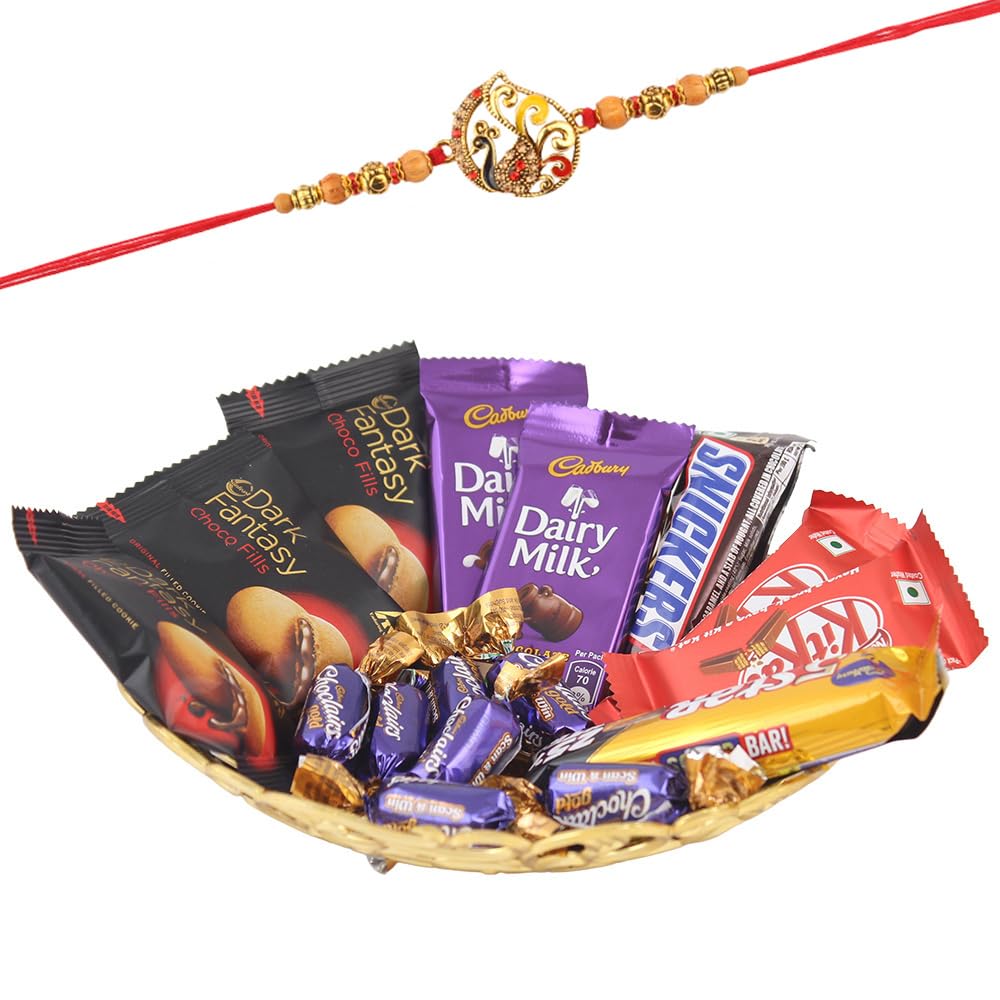 SFU E Com Cadbury Dairy Milk Chocolates With Basket | Rakhi Chocolate for Brother | Peacock Rakhi With Chocolates | Roli, Chawal, Chandan, Misri | 1090-image-25