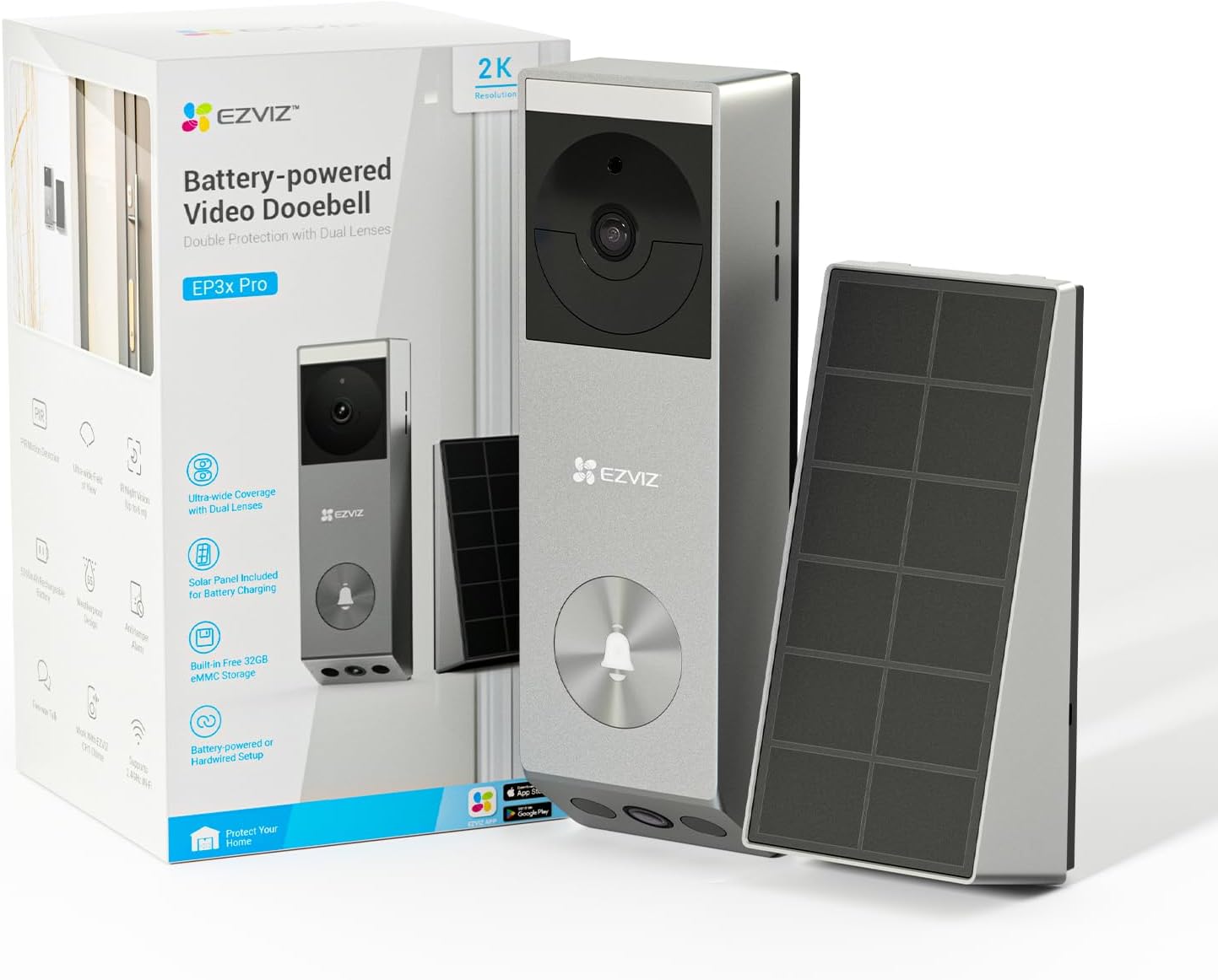 2K Video Doorbell Camera Wireless, 2.4GHz Wi-Fi, No Subscription, AI Human Package Detection, Colour Night Vision, 5200mAh Battery Capacity with Solar Panel, IP65 Waterproof (EP3X Pro)
