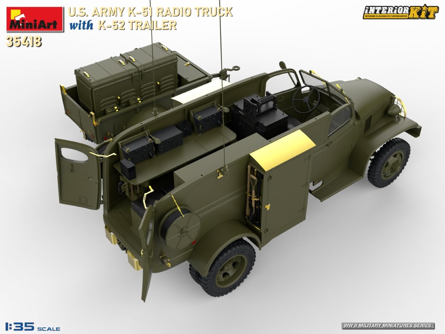 MiniArt 35418 1:35 US Funkwagen K-51 mit Anhäng. K-52 - originalgetreue Nachbildung, Modellbau, Plastik Bausatz, Basteln, Hobby, Kleben, Modellbausatz, Zusammenbauen, unlackiert