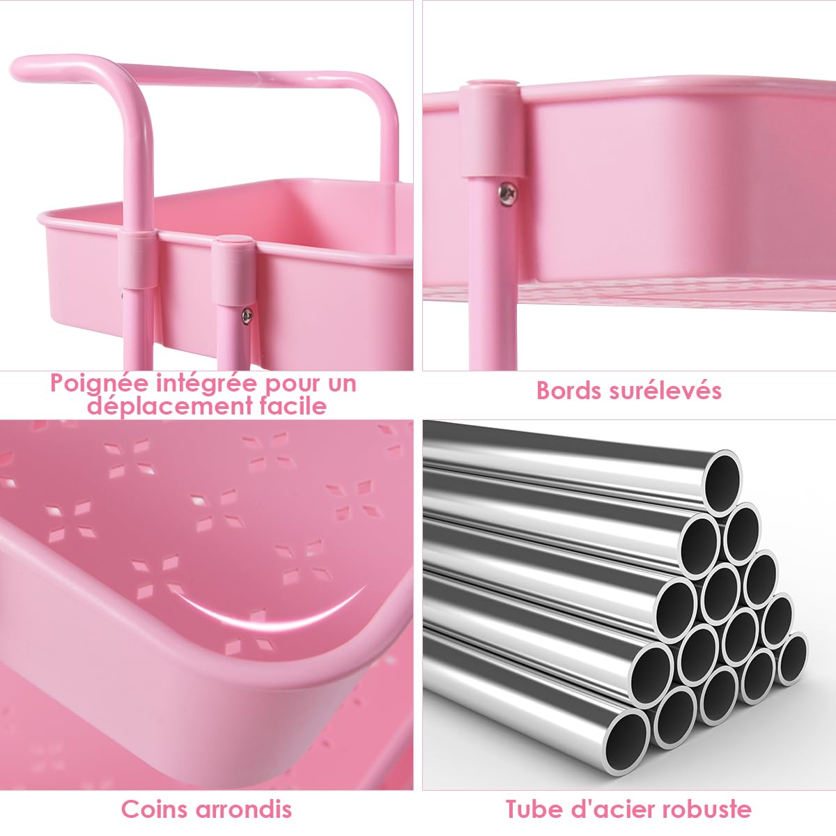 GOPLUS Chariot de Rangement à 3 Niveaux, Desserte à roulettes avec 4 roulettes Universelles, 2 avec Frein, Panier Charge 20KG, pour Cuisine, Bureau, Salle de Bain, 42x35x87CM(Rose)