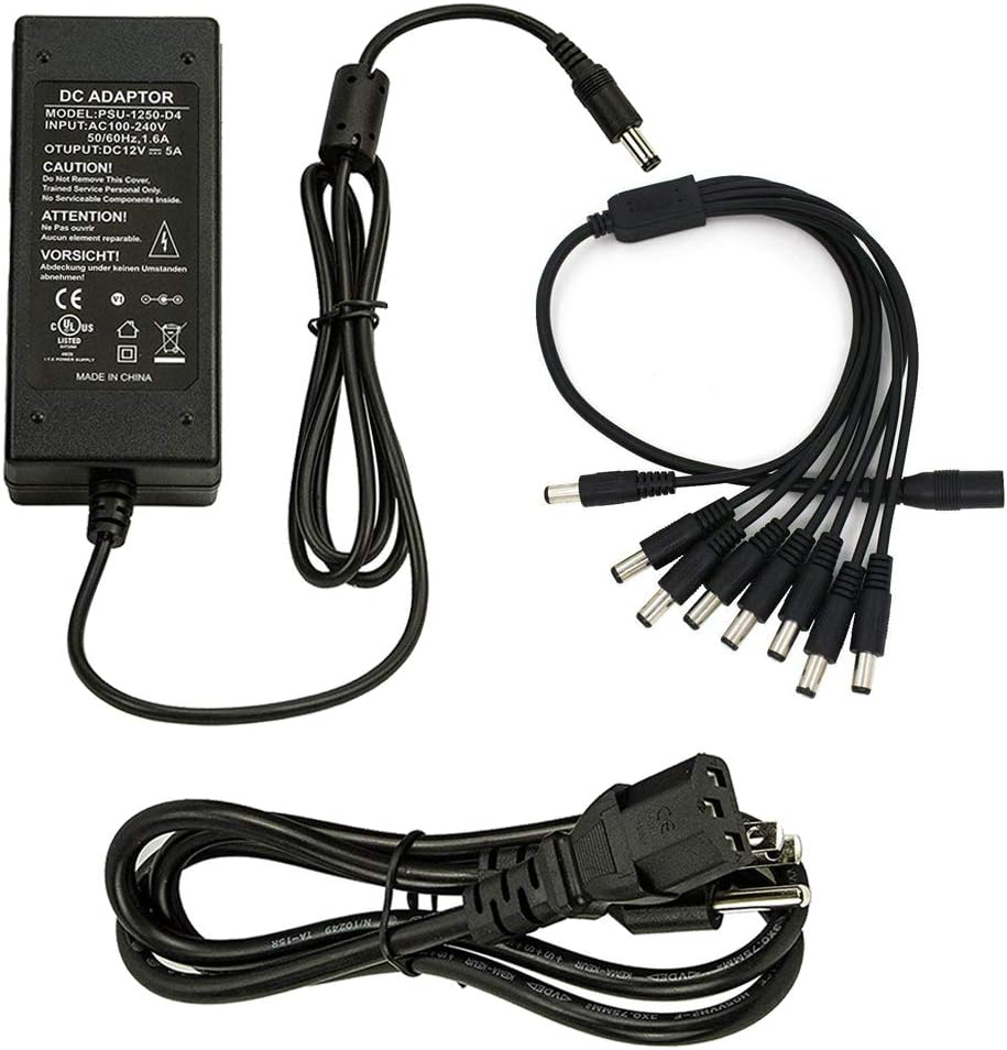 Security Camera Power Adapter 12V 5A w/ 8-Way Power Splitter Cable Power Supply, Fits DVR/NVR/AHD/TVI CCTV Security Camera System, LED Strip Lights, UL Listed