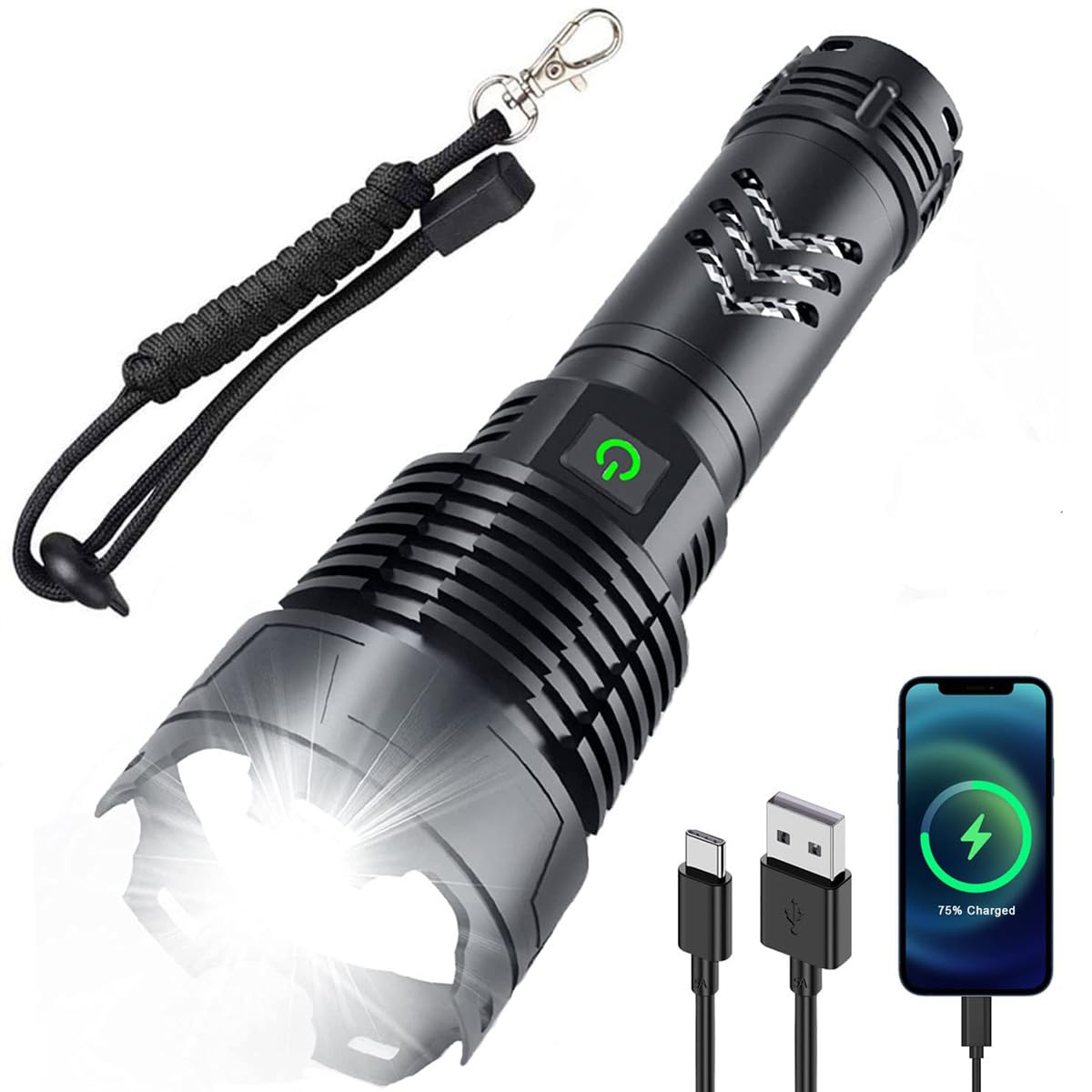 Rechargeable 90000 Lumens LED Torches, Upgraded XHP160 Powerful Super Bright Flashlight with Battery, Zoom Waterproof 5 Modes USB Torch Lights for Camping, Hiking, Outdoor, Emergency