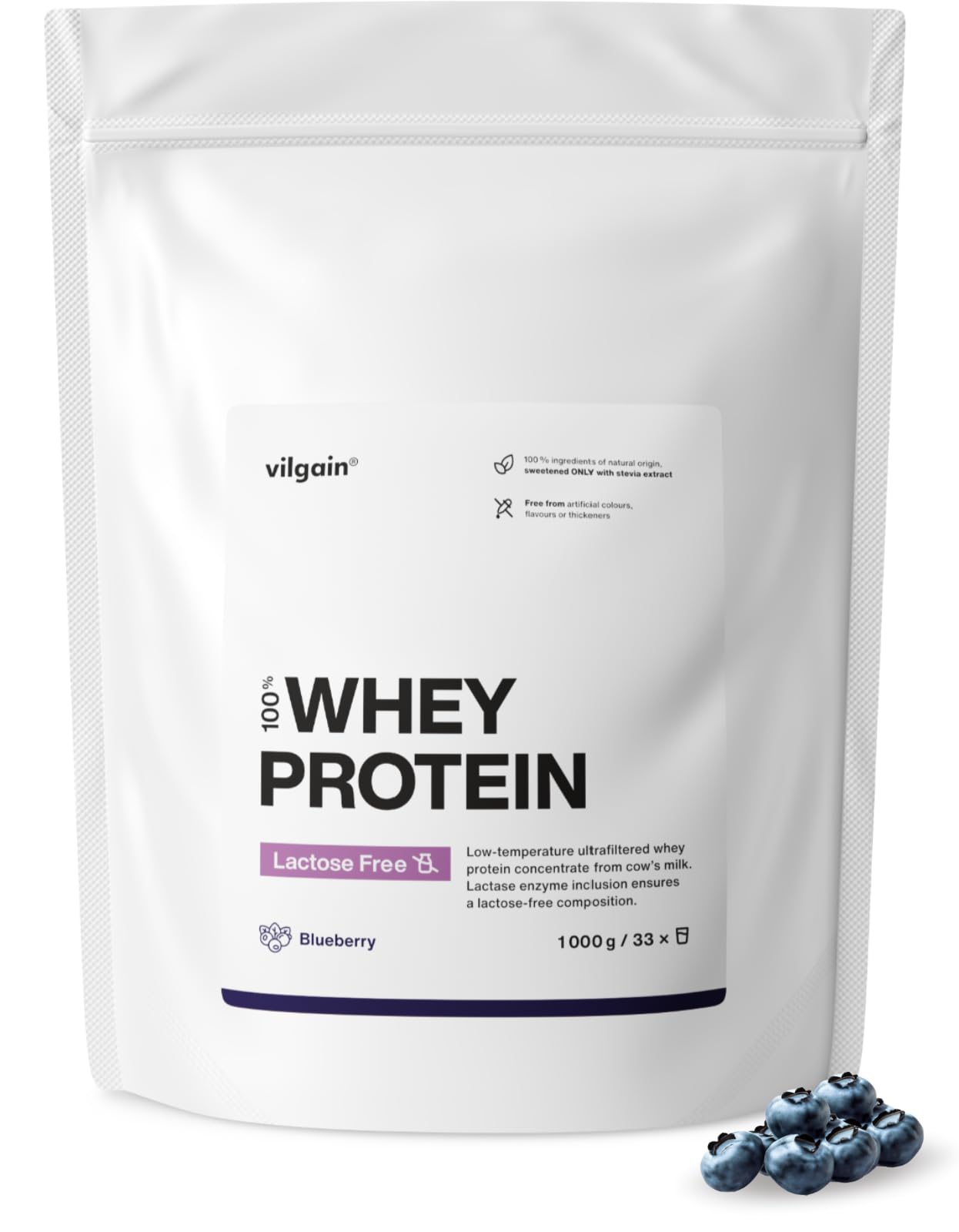 Vilgain Lactose Free Whey Protein Powder Blueberry 1000g | 75% Protein | Low Temp Ultrafiltered Whey Concentrate | Stevia Sweetened | 22g Protein Per Serving | High BCAA Content