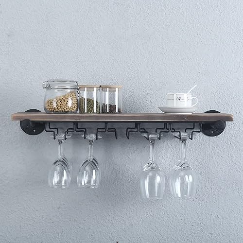 Miniatura 5 de OLDRAINBOW Estantería de tubo industrial, estantes colgantes para copas de vino, rústico montado en la pared con 5 soportes de vidrio, estantes